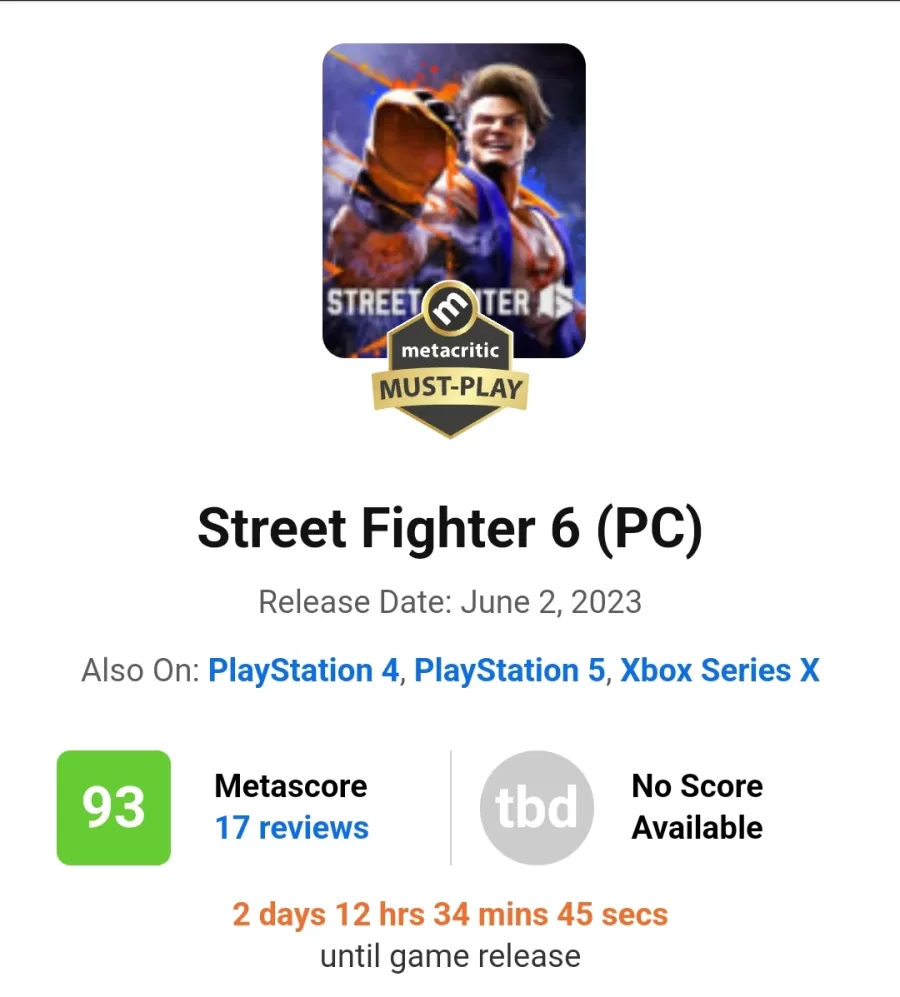Street Fighter 6 Metacritic skore